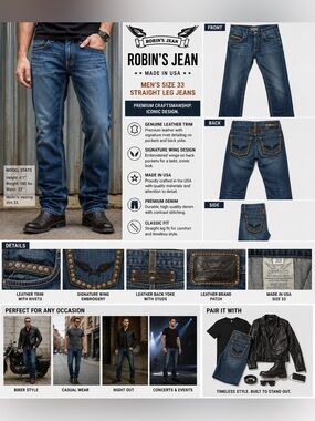 Robin's Jean Men's Size 33 Straight Leg Studded Leather Trim Wing Pocket Jeans